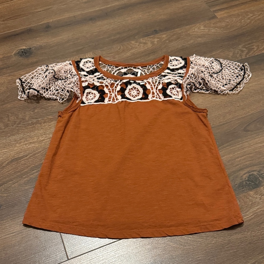 Anthropologie Terracotta Lace Blouse Small Boho Crochet Sleeve Top Festival